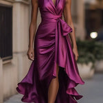 Solid Color Elegant V-neck Waist Irregular Ruffle Maxi Dress