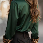 Satin Leopard Print Patchwork Casual Long-sleeved Shirt