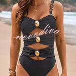 Fashionable Color-blocked Metal Button Stretch One-piece Swimsuit