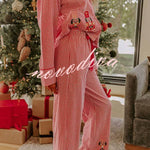 Nutcracker Charm Embroidered Gingham Loose Shirt and Elastic Waist Pajama Set