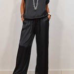 Satin Solid Color Loose Short-sleeved Top and Elastic Waist Lace-up Pocket Wide-leg Pants Set