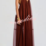 Flowing Lightweight Chiffon Chain Halter Neck Detail Backless A-line Maxi Dress