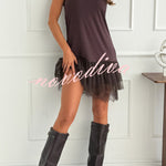 Breezy City Tulle Lace Tiered Hem Stretch Tank Mini Dress