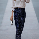 Diva Velvet Sequin High Rise Elastic Waist Flare Pants