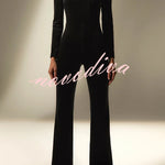 Classic Charm Velvet Jewel Embellished Trim Long Sleeve Flare Jumpsuit