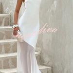 Fable Satin One Shoulder Back Adjustable Straps Contrast Chiffon Hem Maxi Dress