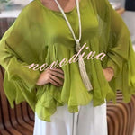 Romantic Journey Chiffon Ruffle Batwing Sleeve Top and Elastic Waist Pocket Loose Pants Set