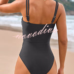 Fashionable Color-blocked Metal Button Stretch One-piece Swimsuit