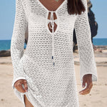Solid Color Knit Hollow V-Neck Tie Long Sleeve Cover Up Mini Dress
