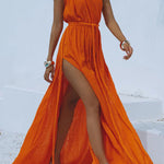 Avani Linen Blend Draped Braids One Shoulder Slit Cover Up Maxi Dress
