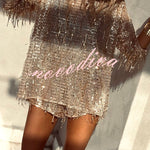Fashion Sequin Round Neck Long Sleeve Tassel Top and Elastic Waist Casual Shorts Set