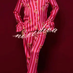 Festive Season Long Candy Stripe Tiered Bell Cuffs Elastic Waist Pocketed Pajama Set