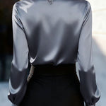 Solid Color Satin Long-sleeved Casual Tie-front Shirt