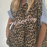 Comfortable Leopard Stripes Colorblock Print Oversized Shirt and Elastic Waist Pocket Loose Pants Set