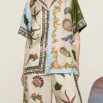 Deep Sea Dreaming Satin Unique Print Short Sleeve Shirt and Elastic Waist Pocketed Pants Set
