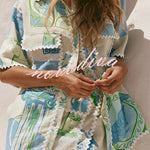 Pierre Linen Blend Ric Rac Trims Unique Print Short Sleeve Shirt and Wrap Tie-up Mini Skirt Set