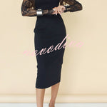 Aliya Lace Detachable Bow Collar Long Sleeve Stretch Midi Dress