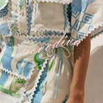 Pierre Linen Blend Ric Rac Trims Unique Print Short Sleeve Shirt and Wrap Tie-up Mini Skirt Set