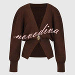 Only Yours Knit Metal Leaf Shape Button Lantern Sleeve Relaxed Cardigan