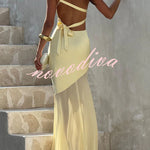 Fable Satin One Shoulder Back Adjustable Straps Contrast Chiffon Hem Maxi Dress