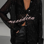 Fashion Sequin Lapel Long Sleeve Loose Shirt