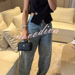 Fashion Star Rhinestone High Rise Casual Pocket Straight Loose Jeans