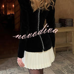 Netta Velvet Square Neck Long Sleeve Back Pearl Detail Pleated Mini Dress