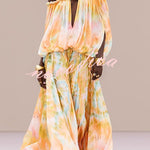 Gorgeous 70s Dream Tie-dye Print Off Shoulder Braid Cutout Detail Drape Maxi Dress