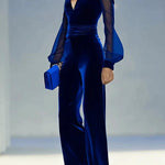 Solid Color Velvet V-neck Long-sleeved Elegant Fitted Jumpsuit