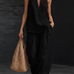White Faux Linen V-neck Sleeveless Top And Wide-leg Pants Set